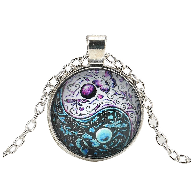 Vintage Ying Yang Butterfly Cabochon Glass Pendant Silver Chain Necklace Jewelry