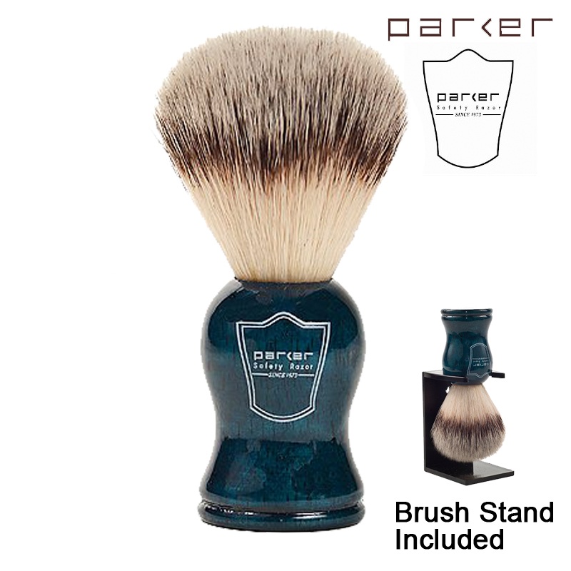 Parker Blue Wood Handle Synthetic Bristle Shaving Brush with Brush Stand-Men's Bazaar-แปรงโกนหนวด