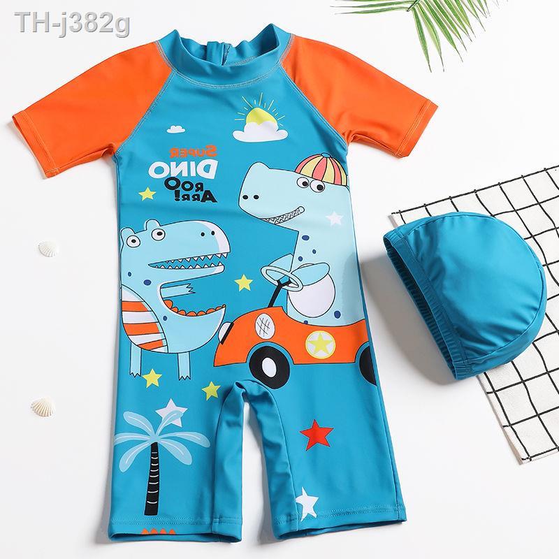 【ชุดว่ายน้ำเด็กผู้ชาย】 Kids Swimsuit Boys One-piece Zipper Cute Dinosaur Quick-drying Short-sleeved Sport Swimwear