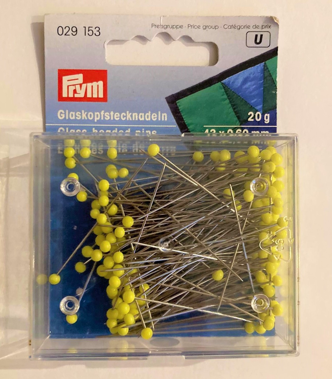 Prym Glass-headed pins, extra long, yellow, 20g / เข็มหัวแก้วสีเหลือง ยาวพิเศษ 20 กรัม แบรนด์ Prym จากประเทศเยอรมนี (G029153)