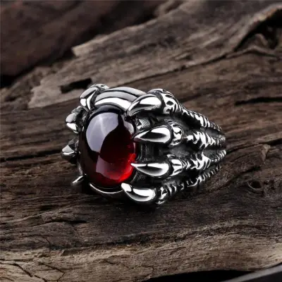 T-T Ring for Men Vintage Dragon Claw Punk Red Gem Ring