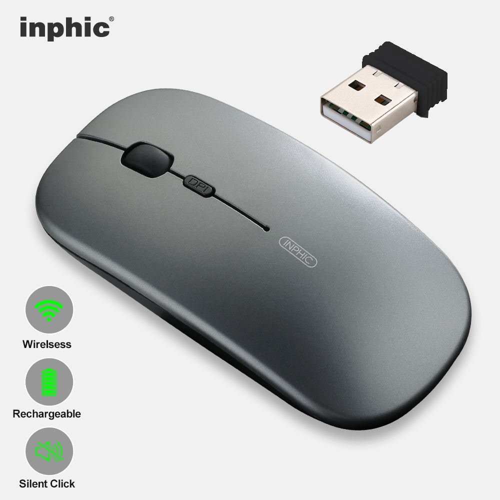 เมาส์ไร้สาย Inphic M1 (มีแบตในตัว) (ปุ่มเงียบ) (มีปุ่มปรับความไวเมาส์ DPI 1000-1600) มี (Premium Optical Light ใช้งานได้เกือบทุกสภาพผิว) Rechargeable Wireless Mouse M1