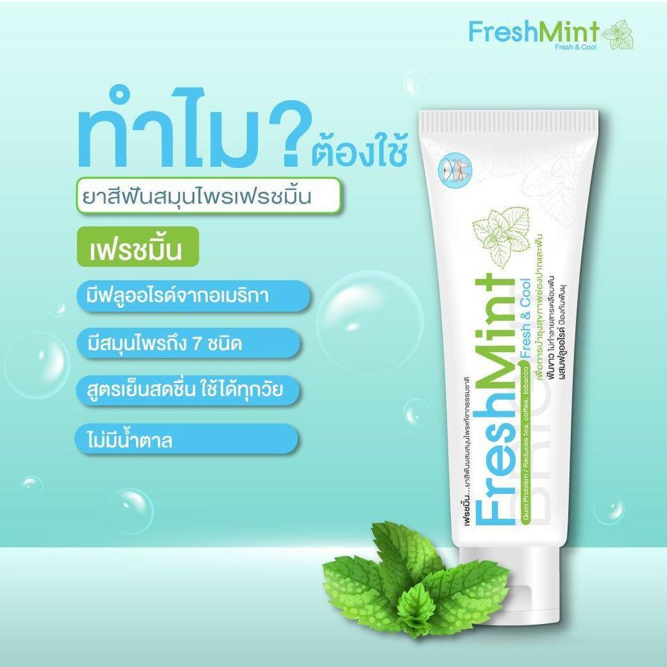 ส่งฟรี 1 หลอด Freshmint เฟรชมิ้น ยาสีฟันสมุนไพรผสมฟลูออไรด์ที่ได้รับการรับรองจากอเมริกา เย็นสด 9920