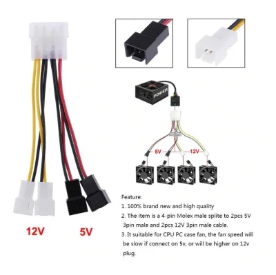 1PCs Computer Cooling Fan Power Cables 4Pin Molex to 3Pin fan Power Cable Adapter Connector 12v*2/5v*2 for CPU PC Case Fan