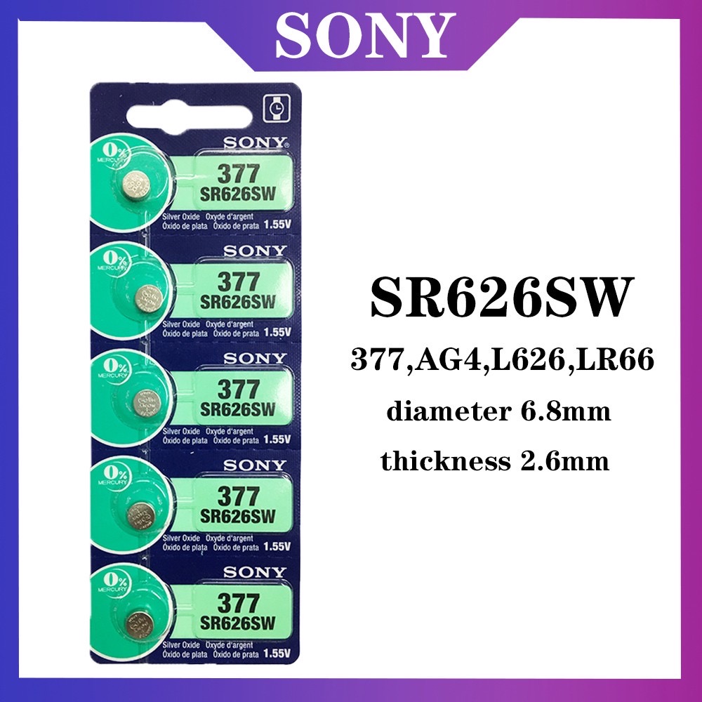 ของแท้ SR626SW ถ่านกระดุม Sony รุ่น 377 SR626SW SR626 AG4 1.55V (1 แผง มี 5 ก้อน)