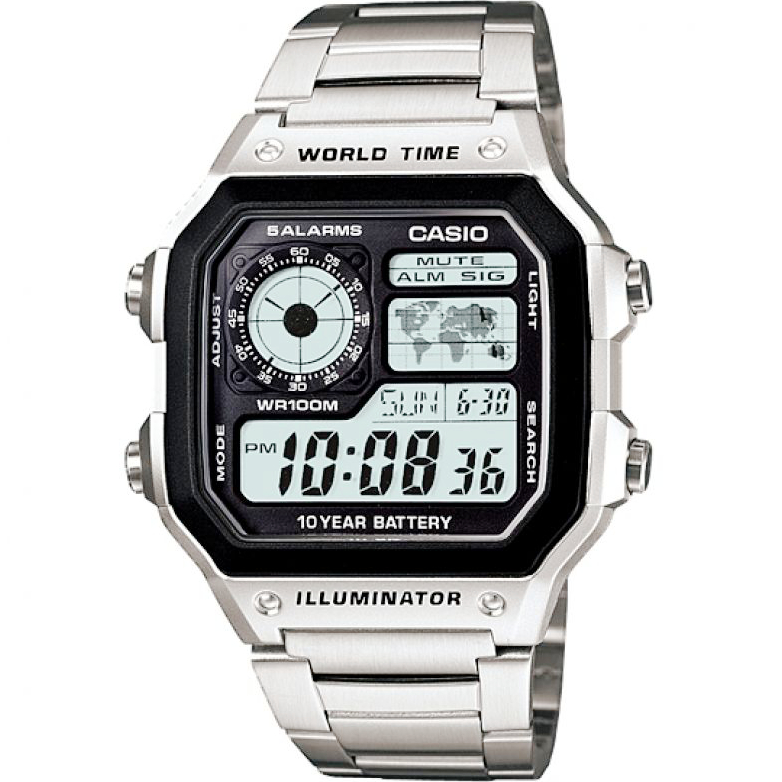 Casio แบตเตอรี่ 10 ปี World Time นาฬิกาข้อมือ สายสแตนเลส รุ่น AE-1200WHD-1A ของแท้ ประกัน CMG