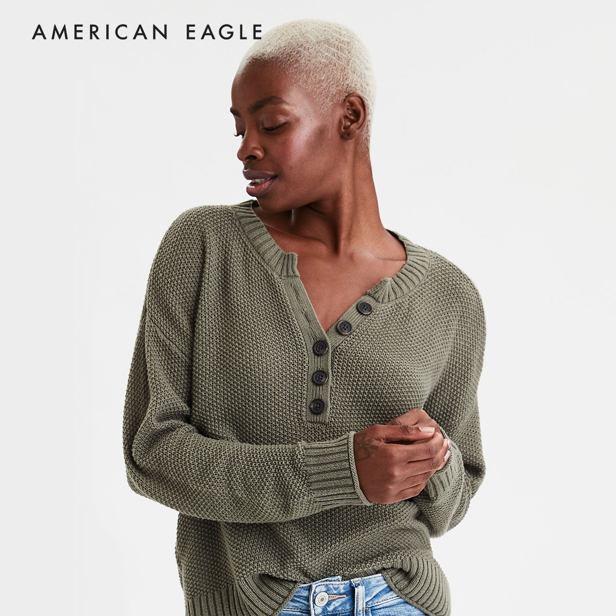 American Eagle Oversized Henley Pullover Sweater เสื้อ สเวตเตอร์ ผู้หญิง โอเวอร์ไซส์(034-8794-309)