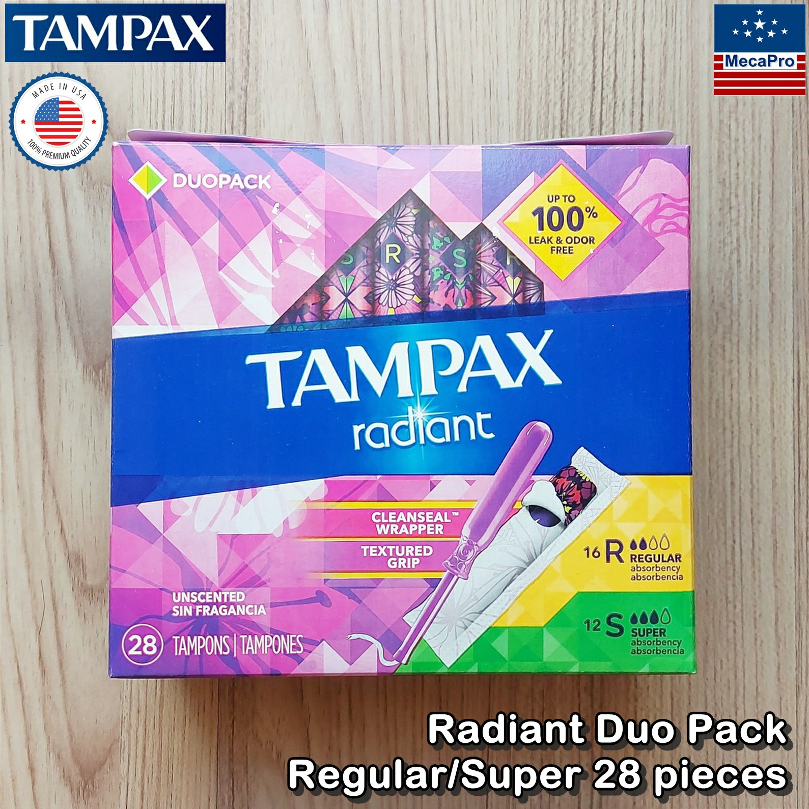 Tampax® Radiant Duo Pack Regular/Super 28 pieces ผ้าอนามัยแบบสอด 28 ชิ้น เหมาะกับวันมาปกติ-มามาก ป้องกันการรั่วซึมและปลอดกลิ่น