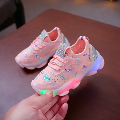 New Children Kids Shoes Boys Girls Butterfly Crystal LED Luminous Sports Run Night Light Breathable Sneakers