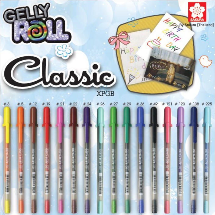 ปากกาเจลสี Gelly Roll Classic มีให้เลือกถึง 16 เฉดสี เจลสีกันน้ำได้ ขนาดหัว 0.3 มม
