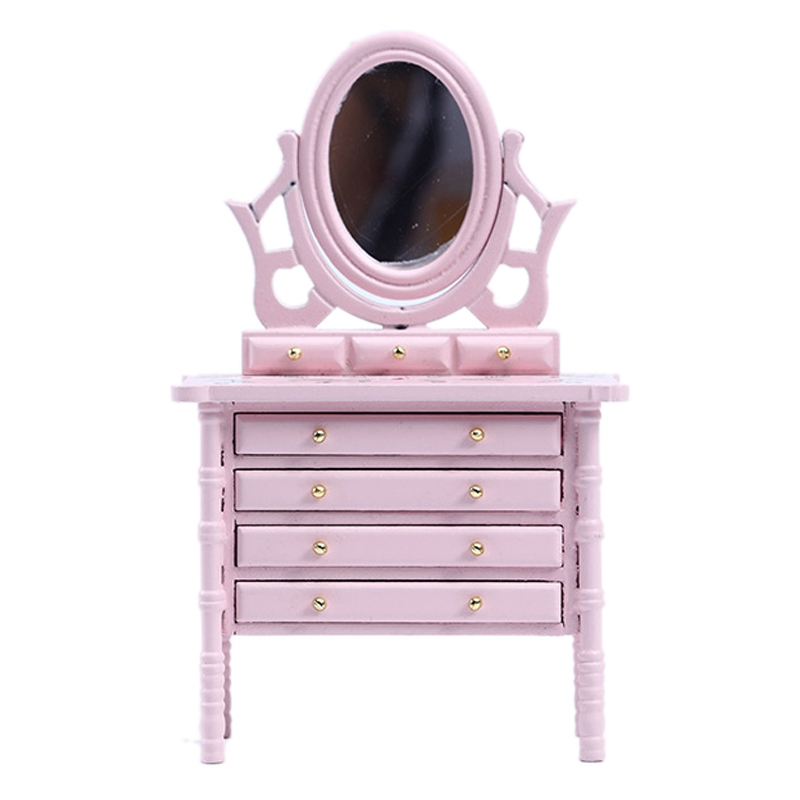 1:12 Dollhouse Miniature Wooden Makeup Dressing Table with Mirror Drawer Bedroom Furniture Pretend Furniture