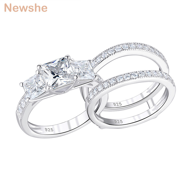 Newshe New Trend 3 Princess Cut AAAAA CZ 925 Sterling Silver Wedding Rings Set For Women Engagement Ring Guard Adjustable Band