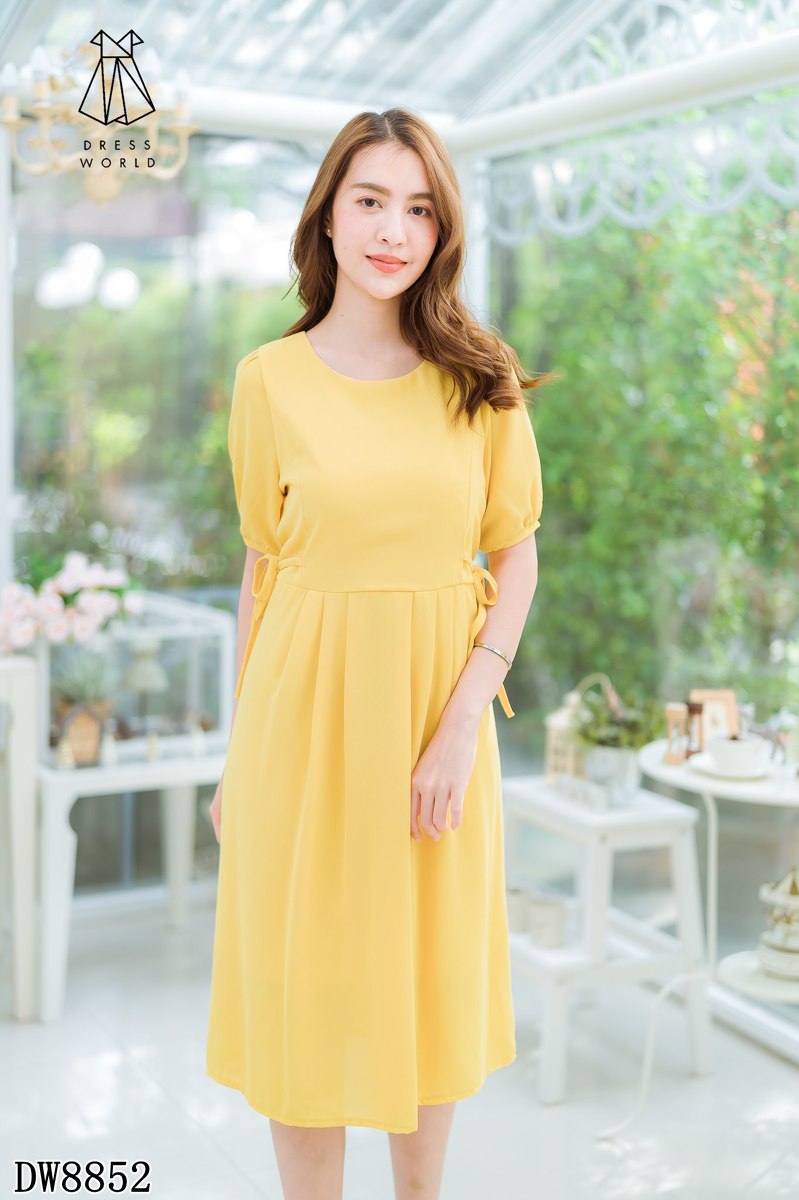 DRESS WORLD ชุดเดรส ซ.ผ้าพื้นผูกโบว์ข้างเอว สีเหลือง Fairy Angel