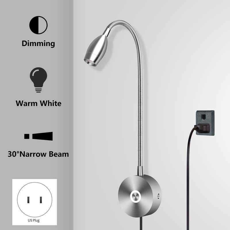 Dimmable Reading Lamp, Bed Lights with Plug Wired for Bedroom Bedside, Flexible Gooseneck Book Light, Wall Mounted Read Light, 200LM / 3000K Beam Angle: 30 ° US Plug