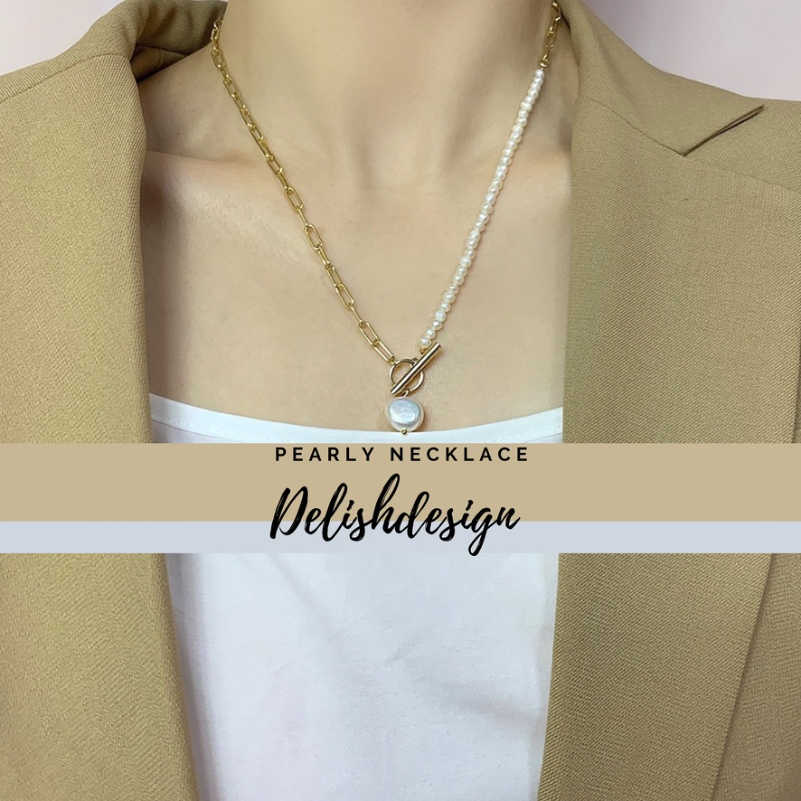 Delishdesign-pearly necklace สร้อยคอมุกน้ำจืดแท้ โซ่ชุบทอง14K สร้อยเกาหลี สร้อยมุก