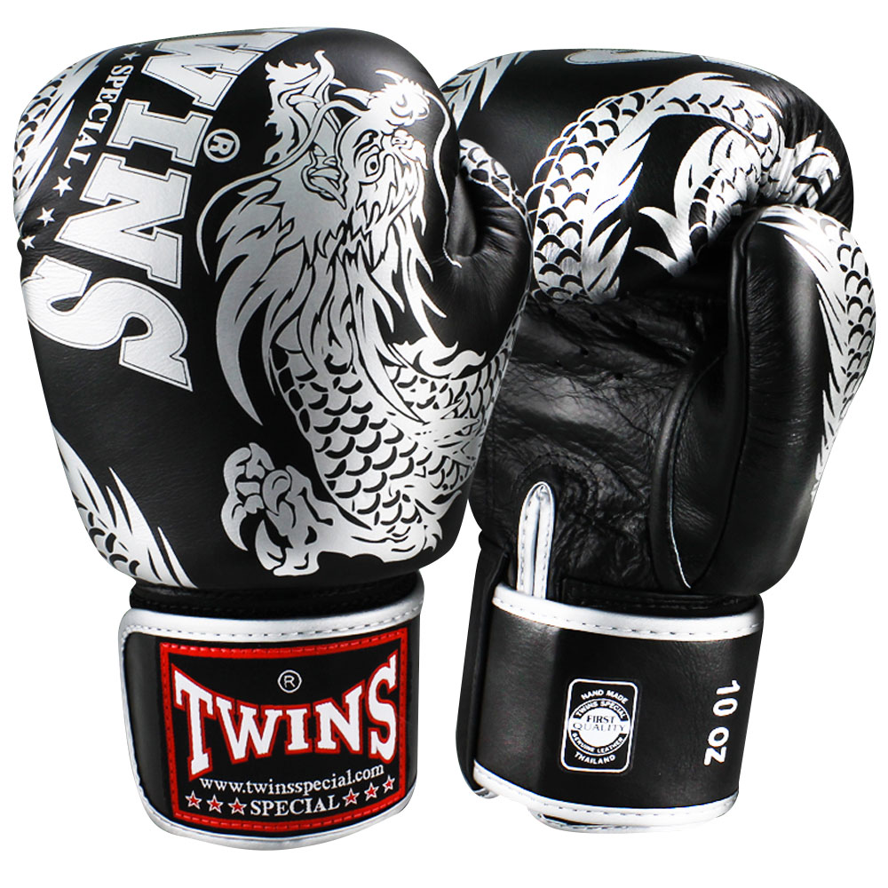 Twins special Boxing Gloves FBGV-49 Black-White  Dragon 12,14,16 oz Muay Thai Sparring MMA K1 นวมซ้อมชกทวินส์ สเปเชี่ยล สีดำ มังกรขาว หนังแท้ 100%