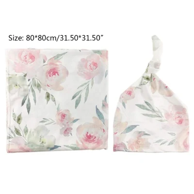 2 Pcs Newborn Floral Swaddle Wrap Headband Set Baby Cotton Receiving Blanket X5XE