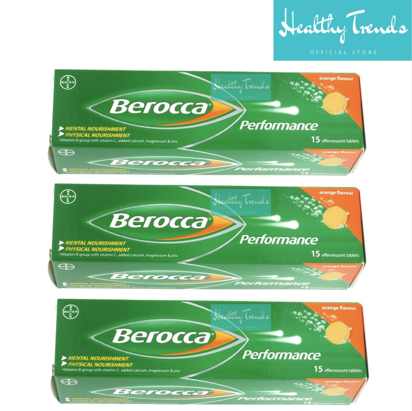 Berocca Performance บีรอคคา เพอร์ฟอร์มานซ์ วิตามินชนิดเม็ดฟู่รสส้ม  (แพค 3 x 15 = 45 เม็ด)