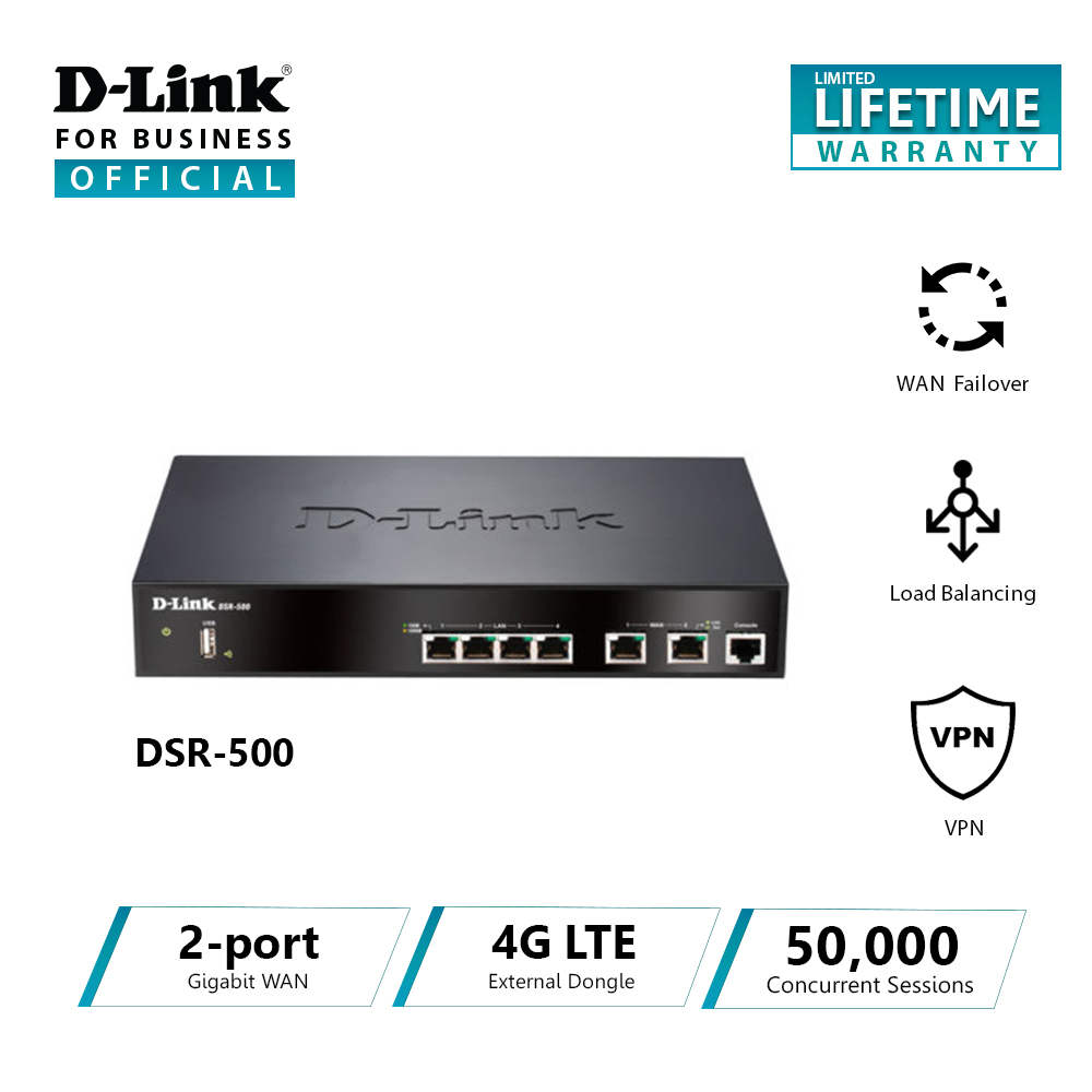 D-Link DSR-500 Dual WAN 4-Port Gigabit VPN Router ราคา 11,730 บาท*ส่งฟรี