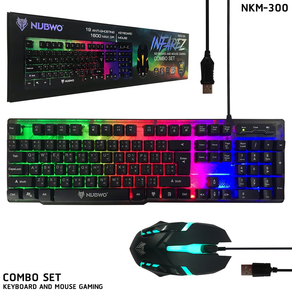 Nubwo NKM-300 Infarez Gaming Keyboard+Mouse Combo ชุดมีไฟเมาส์คู่คีย์บอร์ด  Black