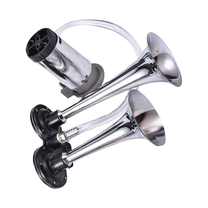CHROME 12V CAR//VAN//TRUCK AIR HORNS DUAL TRUMPET HORN WITH COMPRESSOR TWIN TONE