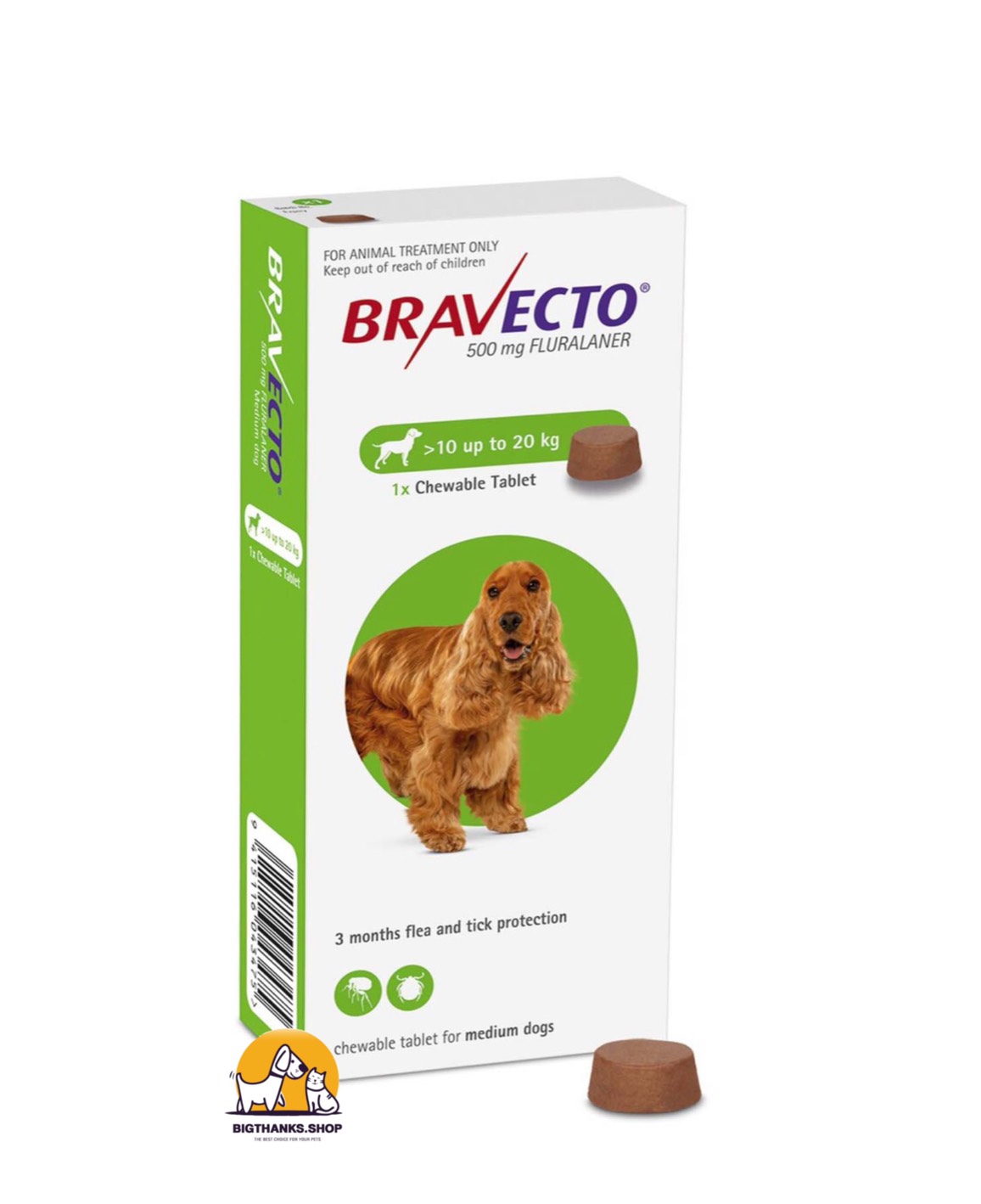 Bravecto กำจัดเห็บหมัด ไรขี้เรื้อน (คุม 3 เดือน) ชนิดเม็ด ขนาดสุนัข 10-20 กิโลกรัม 500 มิลลิกรัม หมดอายุ 02/2022