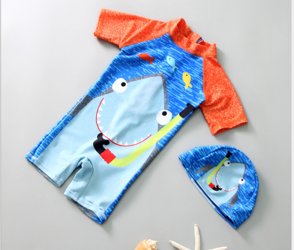 Rainbowjung ชุดว่ายน้ำเด็กผู้ชาย 1-4 ขวบ บอดี้สูทพร้อมหมวกว่ายน้ำ ลายฉลามน้อย สีส้มสดใสซาบซ่าส์