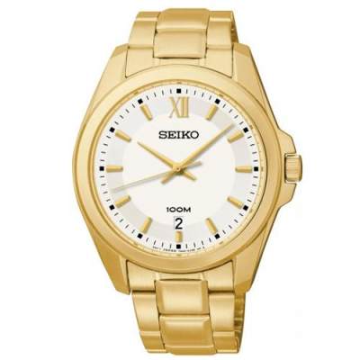 Karnvera Shop Seiko นาฬิกาข้อมือผู้ชาย Date Stainless Steel Case & Bracelet Gold Tone Men Watch SGEG64P1