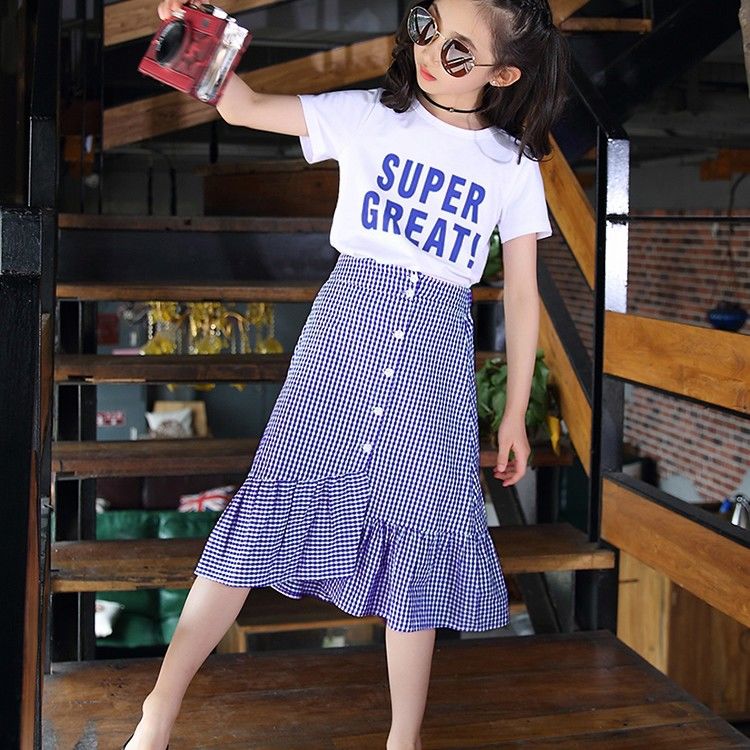 110-160cm Girls' Dress Set Short Sleeve Suit Button Closure Plaid Knee Skirts+Printting Letter Short-sleeve T-shirts