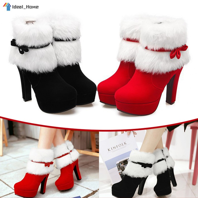 Festive Heels Christmas Winter Suede High-Heeled Boots Platform Short Plush Bow Side Zipper Women Boots