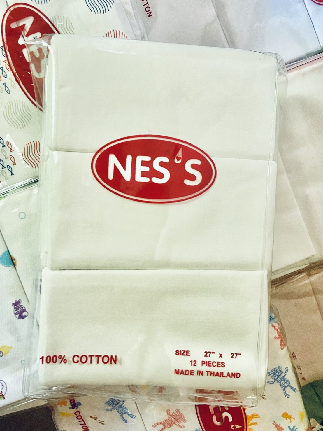 Nes's ผ้าอ้อมสาลูเนื้ออองฟอง 27นิ้ว เนื้อผ้าขาวขอบขาว แพคละ 12 ผืน