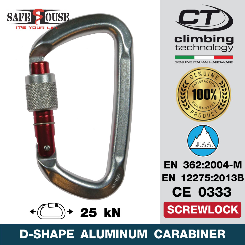 คาราบิเนอร์อลูมิเนียม Climbing Technology รูปทรงตัว D-Shape ชนิดเกลียวหมุนล็อค Screwlock Carabiner สีเงินปากเปิดสีแดง