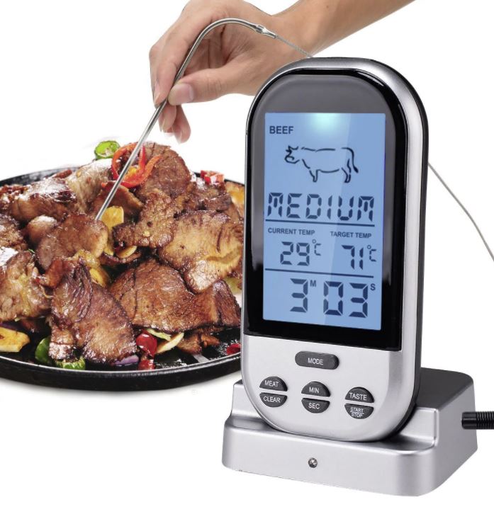 เครื่องวัดอุณหภูมิอาหาร แบบดิจิตอล เครื่องวัดอุณหภูมิในอาหาร เทอร์โมมิเตอร์สำหรับทำบาร์บีคิว Food Thermometer BBQ meat ใช้งานไร้สาย Simple light