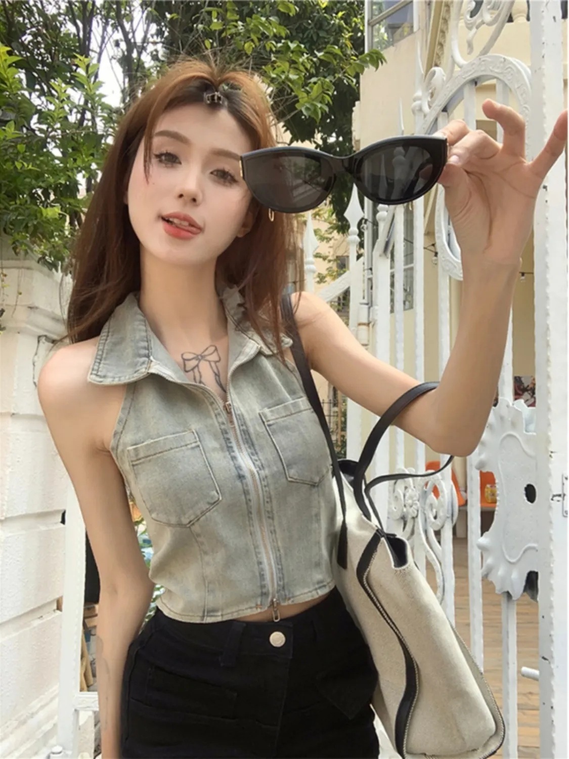Sleeveless Denim Tank Top Women's Short Top