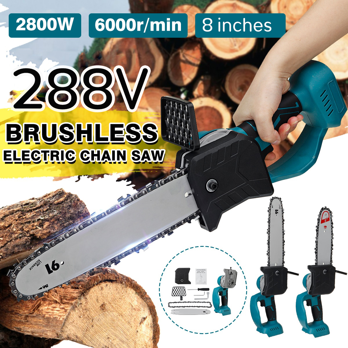 เลื่อยไฟฟ้า ​ 8 ​Inch 2800W Rechargeable Electric Saw Chainsaw Brushless Motor Woodworking Cutter Garden Tool For