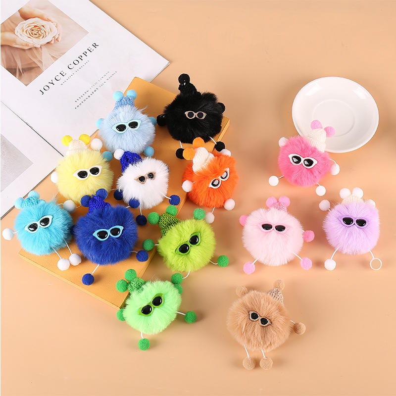 Creative Plush Small Briquettes elf Keychain Girls Backpack Charm  Accessories Multicolor Cartoon Pom Pom Doll With Metal Keyring