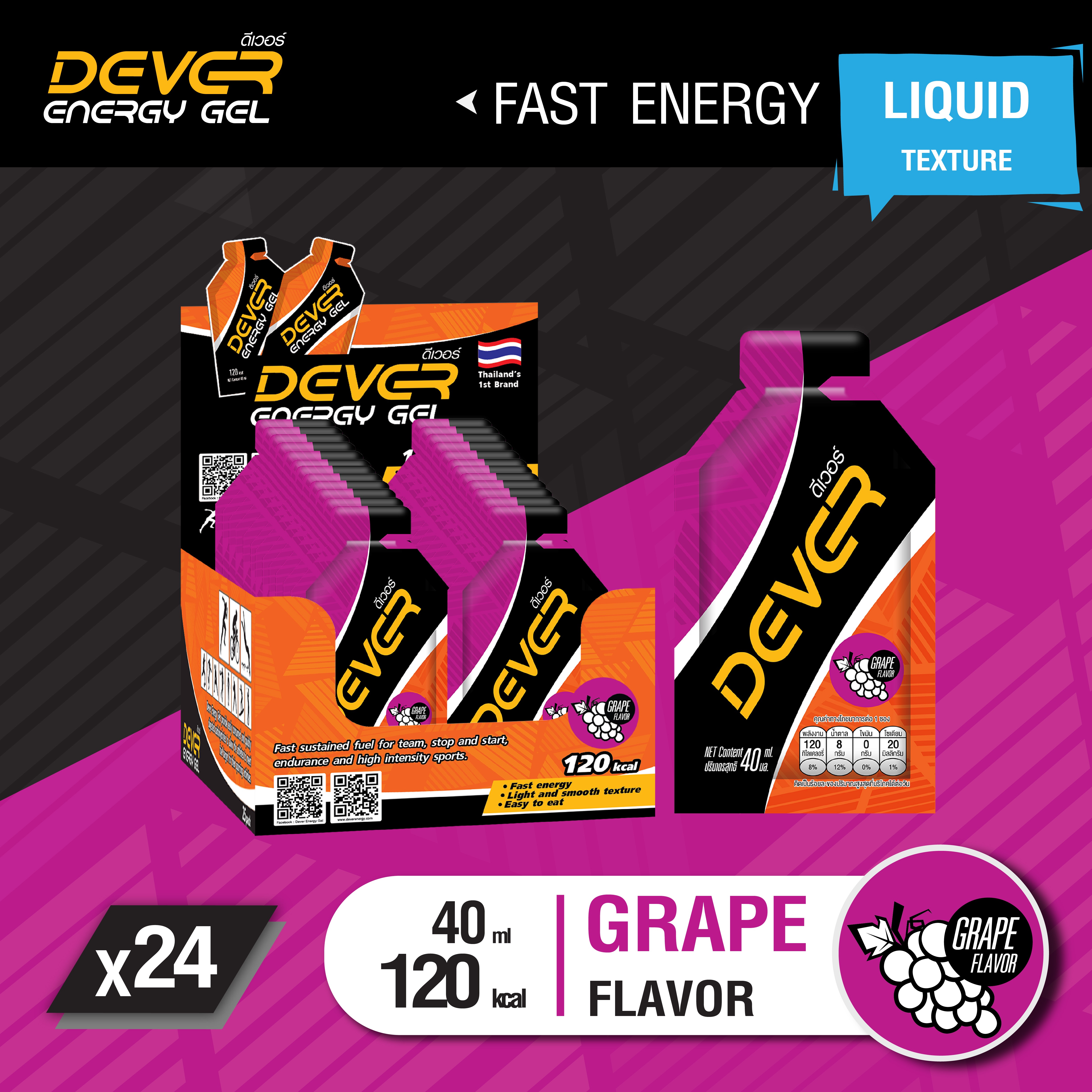 DEVER gel (vital energy) เกลือแร่ สำหรับนักวิ่ง นักกีฬา เจลให้พลังงาน เจลพลังงาน เจลนักวิ่ง เจลวิ่ง เครื่องดื่มให้พลังงาน > 40 ML องุ่น 24 ซอง