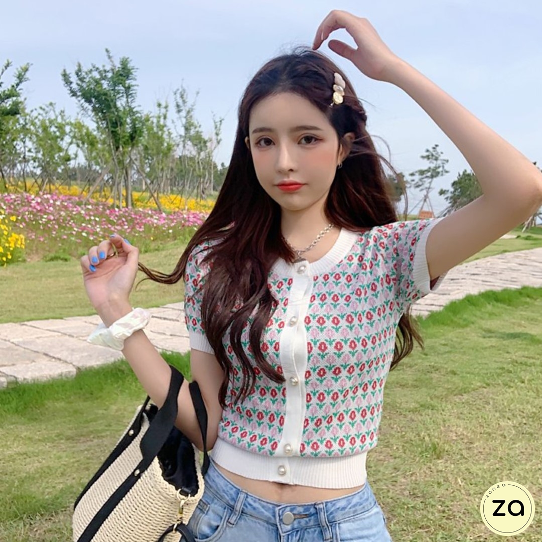 HOT SALE เสื้อไหมพรมลายดอกไม้ กระดุมมุก แขนสั้นคอวี - Zone A Fashion ...