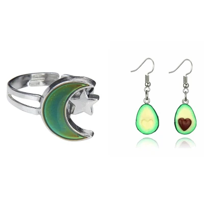 Moon and Star Shape Color Change Emotion Feeling Mood Ring with Fashion Cute Fruit Oval Heart Avocado Dangle Earrings