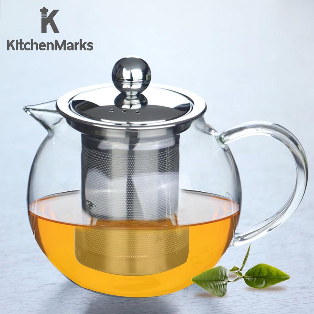 HomeHuk กาน้ำชา กาชงชาทรงกลมอ้วนปากสั้น ไส้กรอกสแตนเลส ช่องระบายไอน้ำ 3 รู ความจุ 650 มล. Glass Short-Spout Round Infuser Teapot 650ml โฮมฮัก