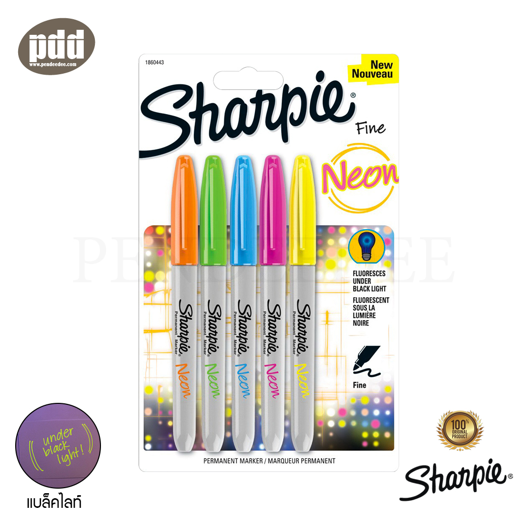 แพ็ค 5 ด้าม Sharpie ชาร์ปี้ นีออน หัว 1.0 มม ปากกามาร์คเกอร์ชนิดเขียนติดถาวรทนทาน 5 สี สีส้มนีออน สีเขียวนีออน สีฟ้านีออน สีชมพูนีออน สีเหลืองนีออน - Set of 5 pcs. Sharpie Neon Fine Point 1.0 mm, Permanent Markers [เครื่องเขียน pendeedee]