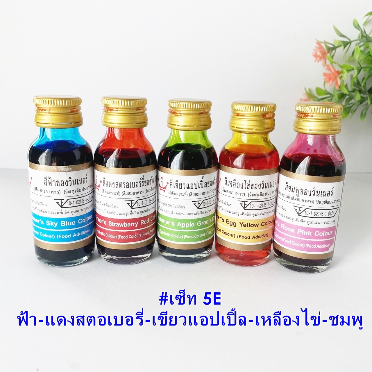 สีผสมอาหาร Winner จำนวน 5 ขวด ขวดละสี #เซ็ท5E #สีสำหรับผสมอาหารและเครื่องสำอาง ขนาด 28 มิลิลิตรต่อขวด Food Colour แถมฟรี!! หลอดหยดสี 1 ชิ้น