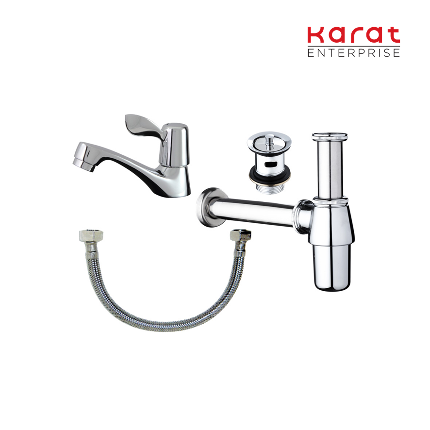 Karat Faucet ชุดเซ็ทก๊อกเดี่ยวอ่างล้างหน้า, สะดืออ่าง, ท่อน้ำทิ้งและสายน้ำดียาว 16 นิ้ว รุ่น KFA-002-100