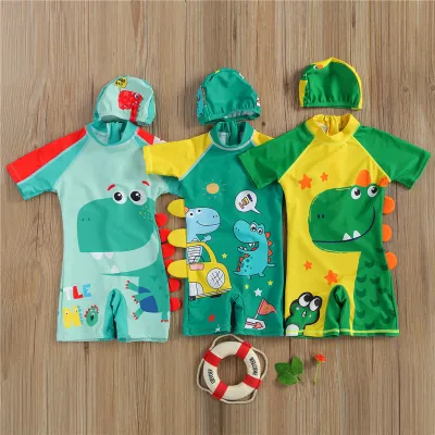 Kids Boy Girls Dinosaur Print Bathing Suits Kids Cute Color Block Short Sleeve Round Neck One-piece Swimsuit Swimming Cap Suits