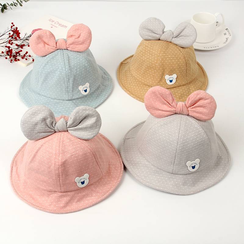 ☆พร้อมส่ง☆หมวก หมวกเด็ก 5เดือน-2ปี หมวกเด็กอ่อน หมวกเด็กเล็ก หมวกบักเก็ต หมวกเด็กหญิง หมวกเด็กแฟชั่น ผ้าลายจุดติดโบว์?รอบหัว:48-50 cm.