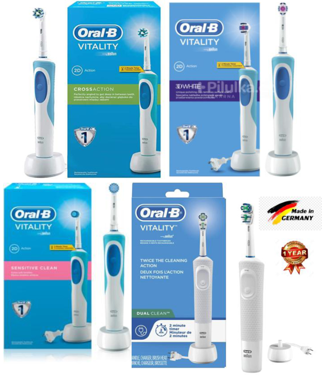 Oral-B Braun Electric Toothbrush Vitality (MADE IN GERMANY) 2 Min. Timer, 4 different Brush Heads