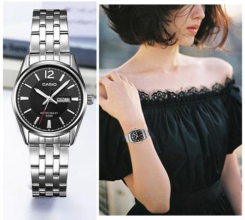 Casio รุ่น LTP-1335D-1AV  นาฬิกาข้อมือผู้หญิง สายสแตนเลส หน้าปัดดำ มั่นใจ ของแท้ 100% ประกัน 1 ปีเต็ม (มีเก็บเงินปลายทาง)