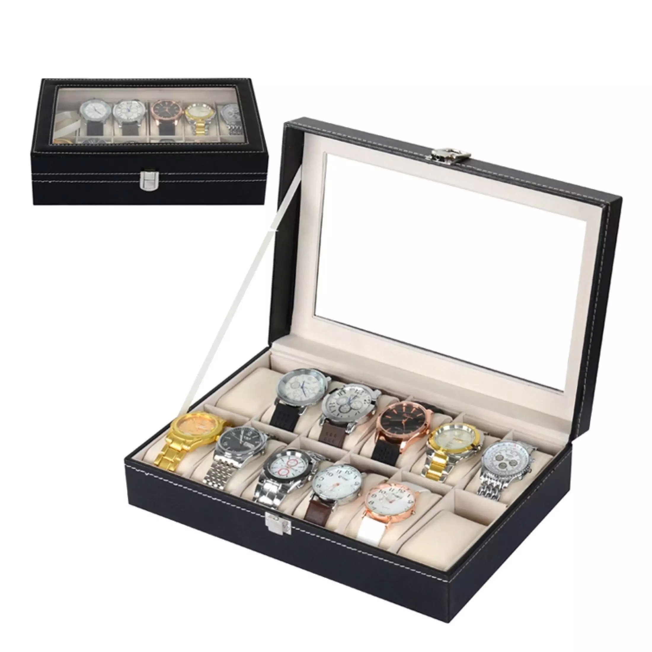 กล่องนาฬิกา กล่องเก็บนาฬิกาข้อมือ กล่องใส่นาฬิกา 3/12 เรือน ฝากระจก กล่องใส่เครื่องประดับ Leather Watch Box (Black) (BOX3) (BOX12)