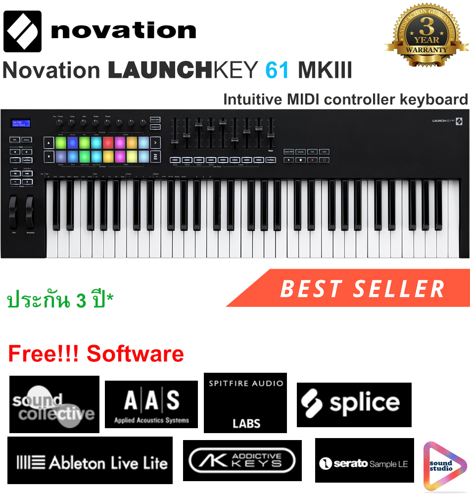 Novation Launchkey 61 MKIII 61 Key MIDI Keyboard Controller มิดิคีย์บอร์ดคอนโทรลเลอร์ระดับโปรท็อปสุดจาก Novation ฟรีซอฟท์แวร์ Ableton Live Lite,Splice,AAS,Serato  มีประกัน 3 ปี*