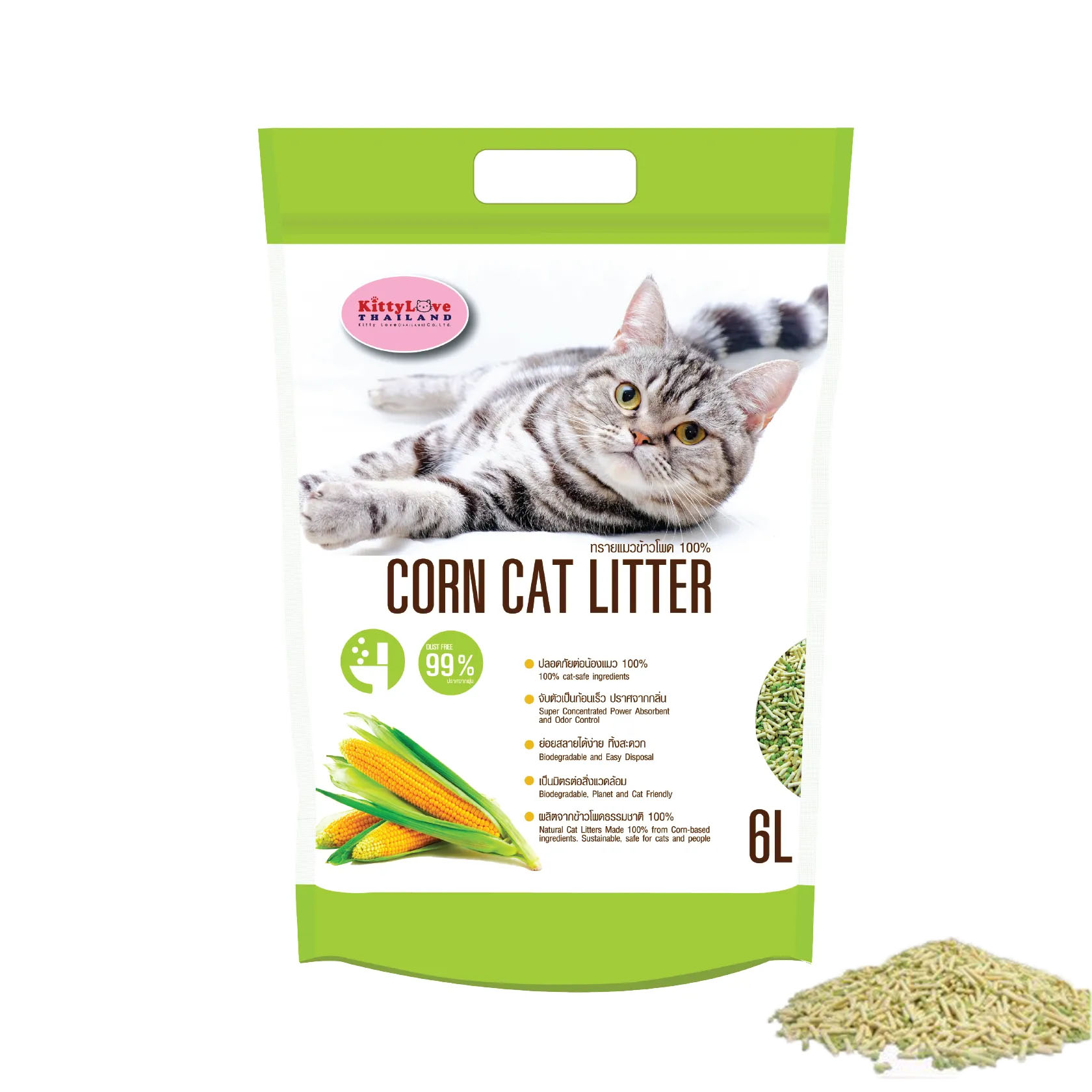 ทรายแมว ทรายแมวข้าวโพด ขนาด 6 ลิตร ผลิตจากข้าวโพดธรรมชาติ 100 ปราศจาก